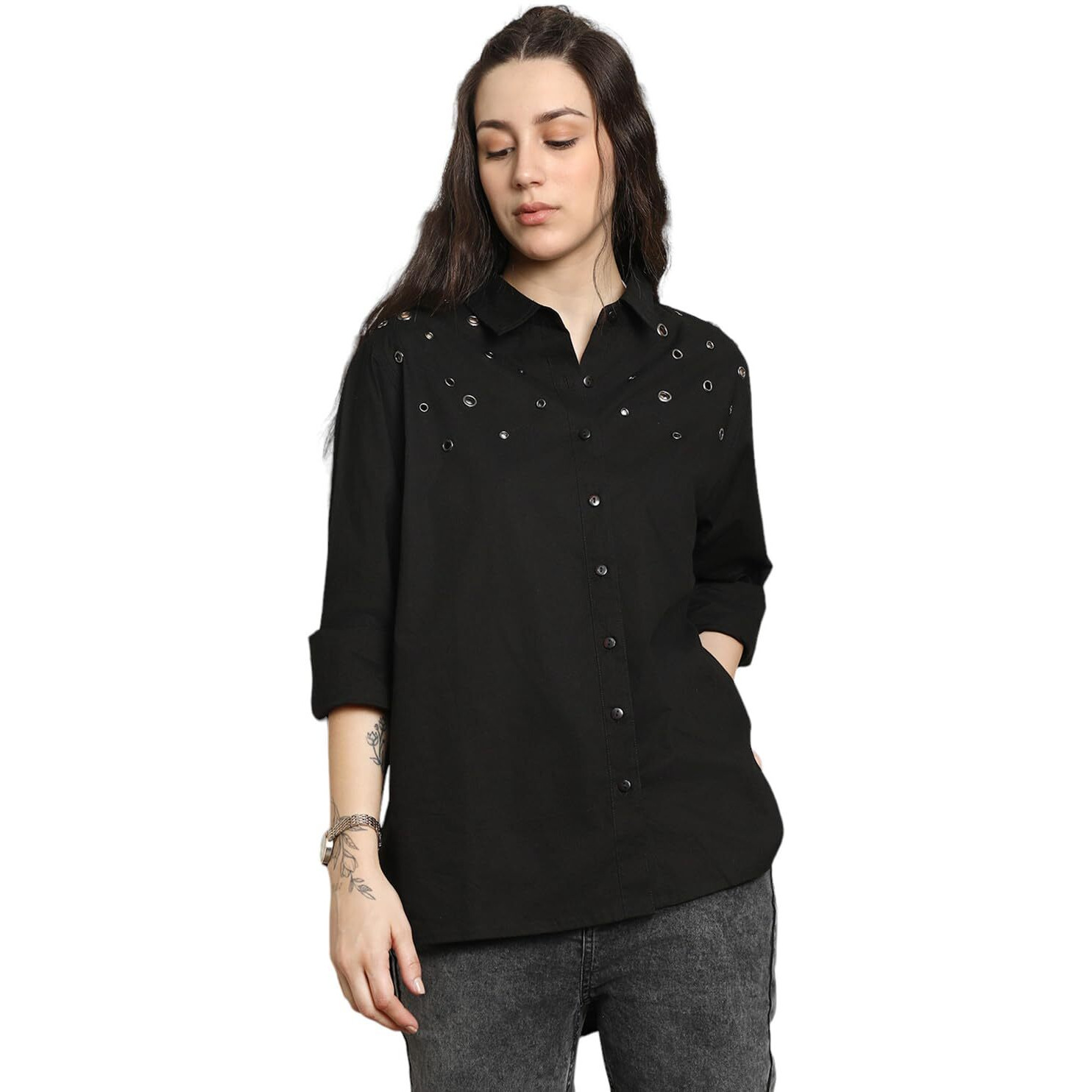 High Star Classic Spread Collar Oversized Cotton Casual Shirt Black