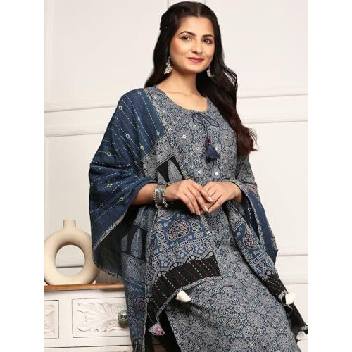 Ishin Ajrakh Print Inspired Tie-Up Kurta With Trouser & Dupatta | Kurta Set For Women | Kurta With Trousers And Dupatta