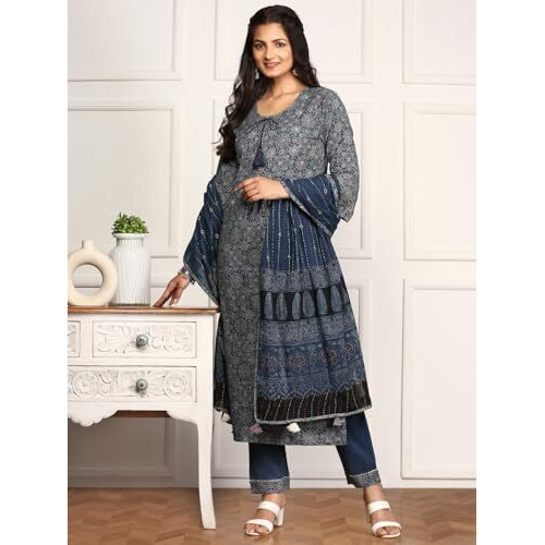 Ishin Ajrakh Print Inspired Tie-Up Kurta With Trouser & Dupatta | Kurta Set For Women | Kurta With Trousers And Dupatta
