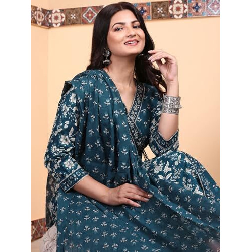 Ishin Indigo Floral Printed Angrakha Tie-Up Kurta With Pants And Printed Dupatta | Kurta Set For Women | Kurta With Trousers And Dupatta