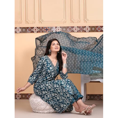 Ishin Indigo Floral Printed Angrakha Tie-Up Kurta With Pants And Printed Dupatta | Kurta Set For Women | Kurta With Trousers And Dupatta