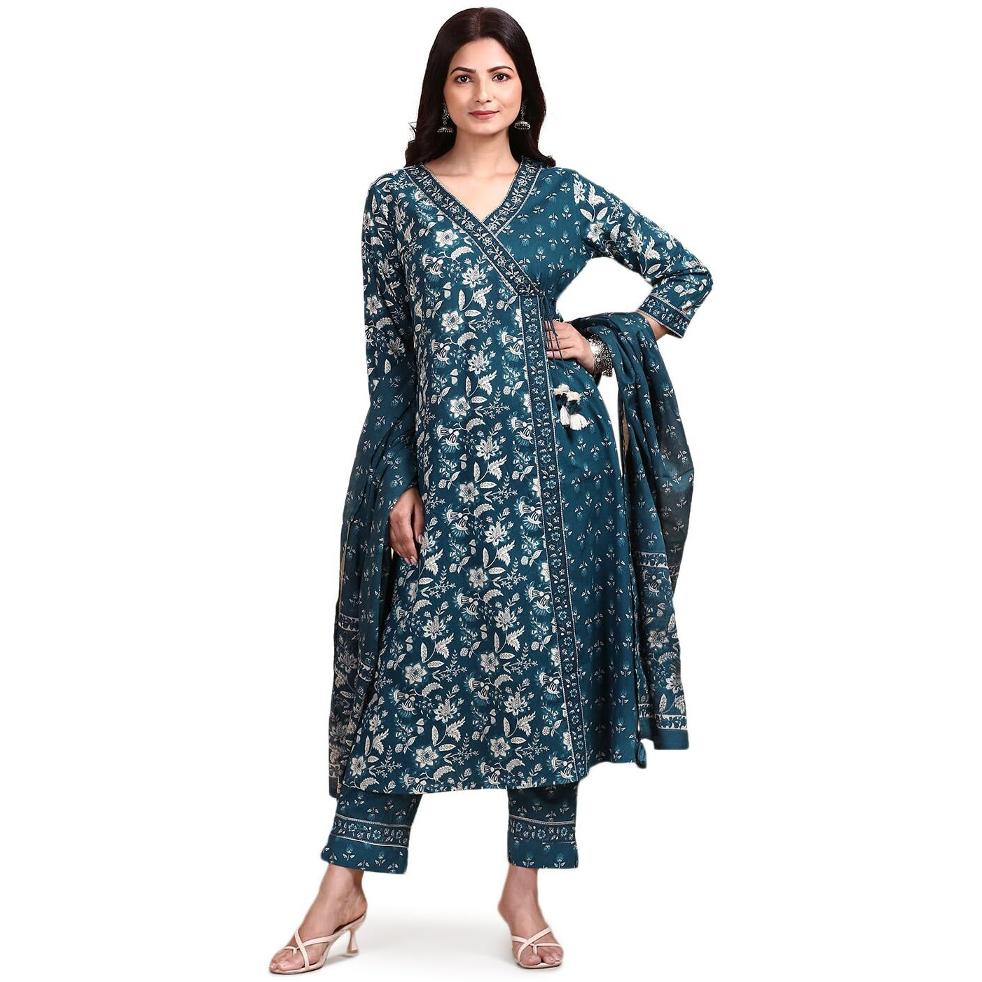 Ishin Indigo Floral Printed Angrakha Tie-Up Kurta With Pants And Printed Dupatta | Kurta Set For Women | Kurta With Trousers And Dupatta