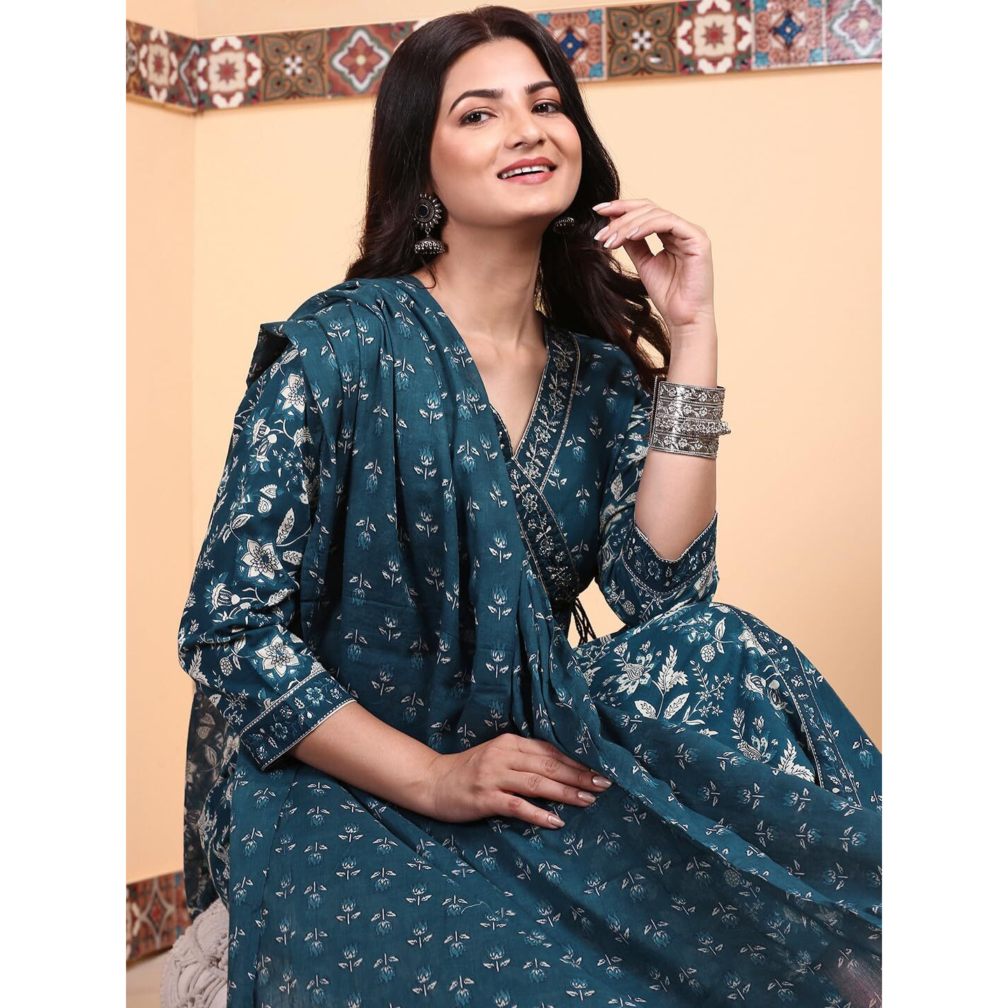 Ishin Indigo Floral Printed Angrakha Tie-Up Kurta With Pants And Printed Dupatta | Kurta Set For Women | Kurta With Trousers And Dupatta