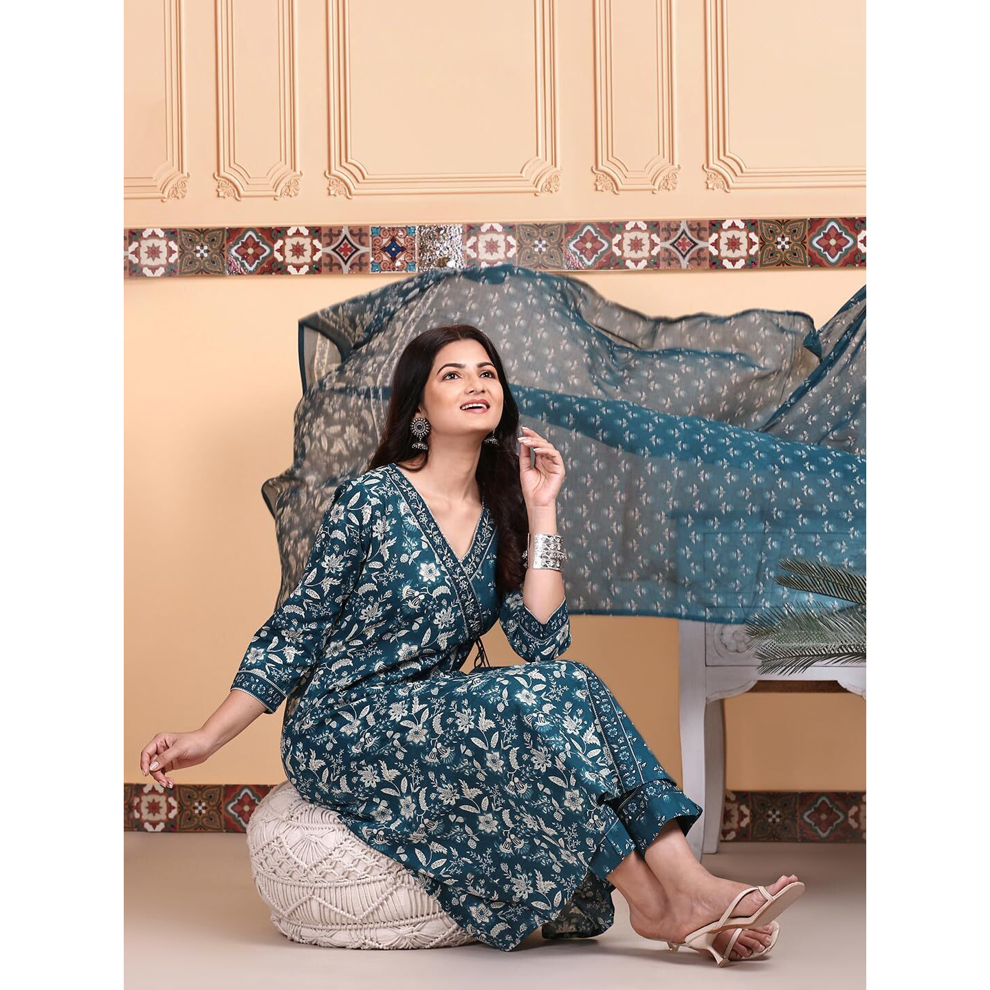 Ishin Indigo Floral Printed Angrakha Tie-Up Kurta With Pants And Printed Dupatta | Kurta Set For Women | Kurta With Trousers And Dupatta