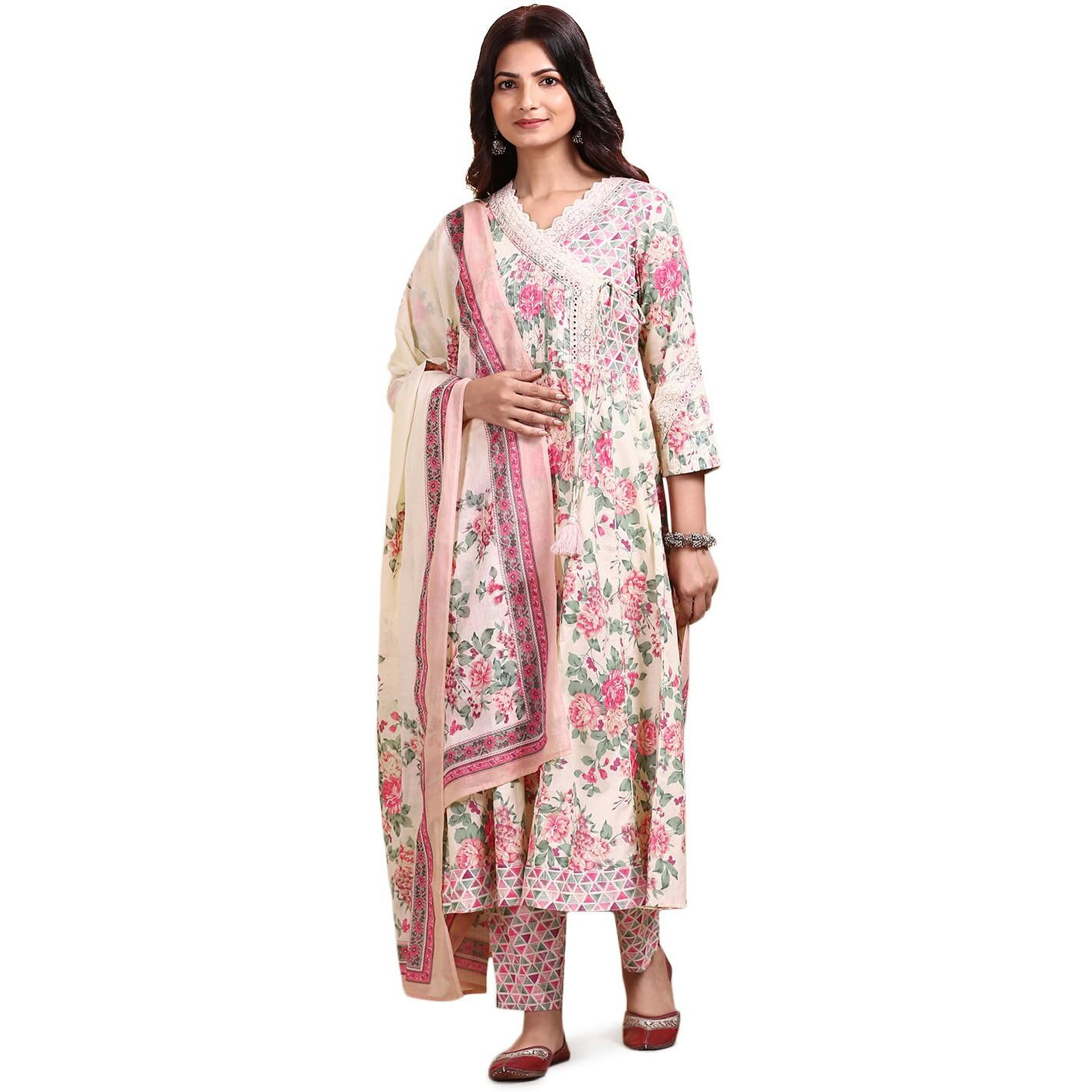 Ishin Floral Printed V-Neck Pure Cotton Kurta With Trousers & Dupatta | Kurta Set For Women | Kurta With Trousers And Dupatta