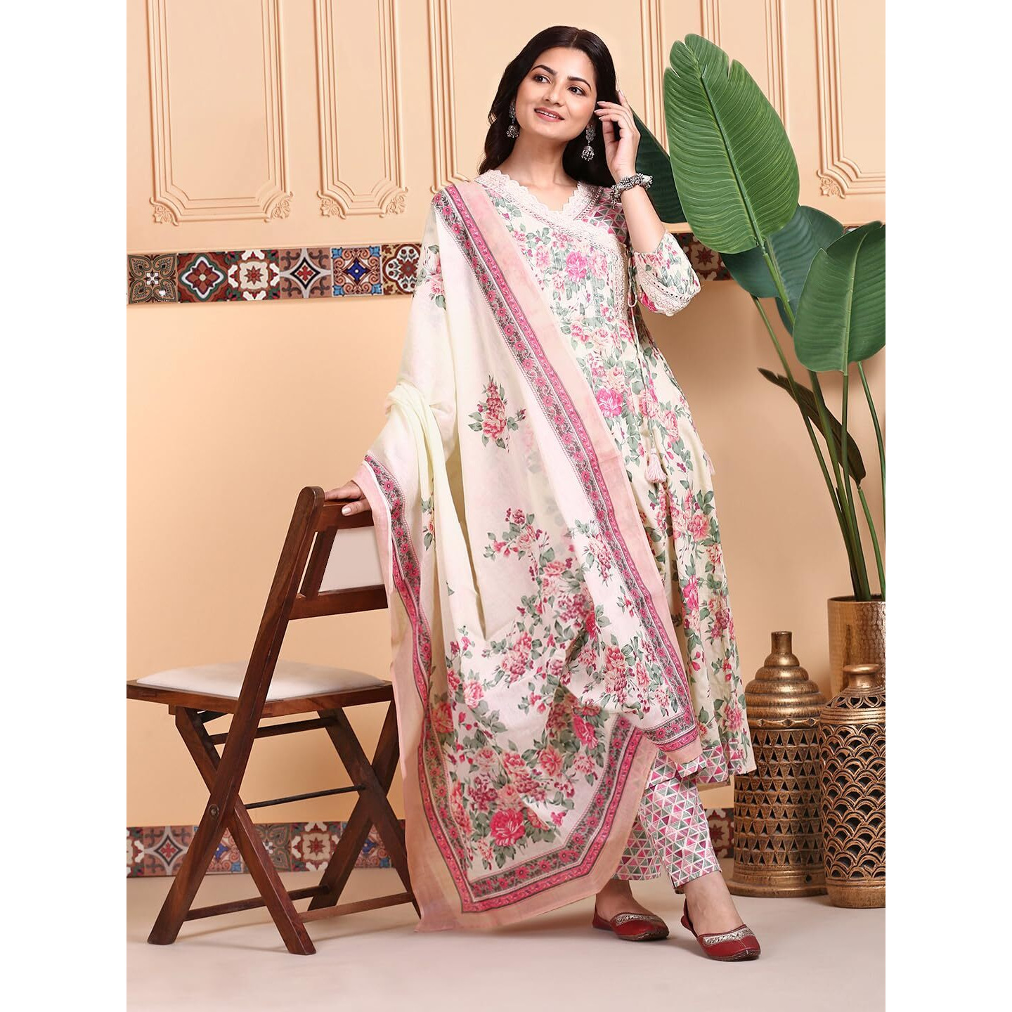 Ishin Floral Printed V-Neck Pure Cotton Kurta With Trousers & Dupatta | Kurta Set For Women | Kurta With Trousers And Dupatta