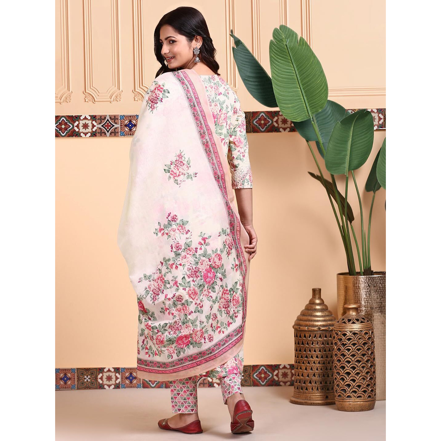 Ishin Floral Printed V-Neck Pure Cotton Kurta With Trousers & Dupatta | Kurta Set For Women | Kurta With Trousers And Dupatta