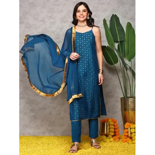 Ishin Embroidered Shoulder Straps Sleeveless Kurta With Trousers & With Dupatta | Kurta Set For Women | Kurta With Trousers And Dupatta