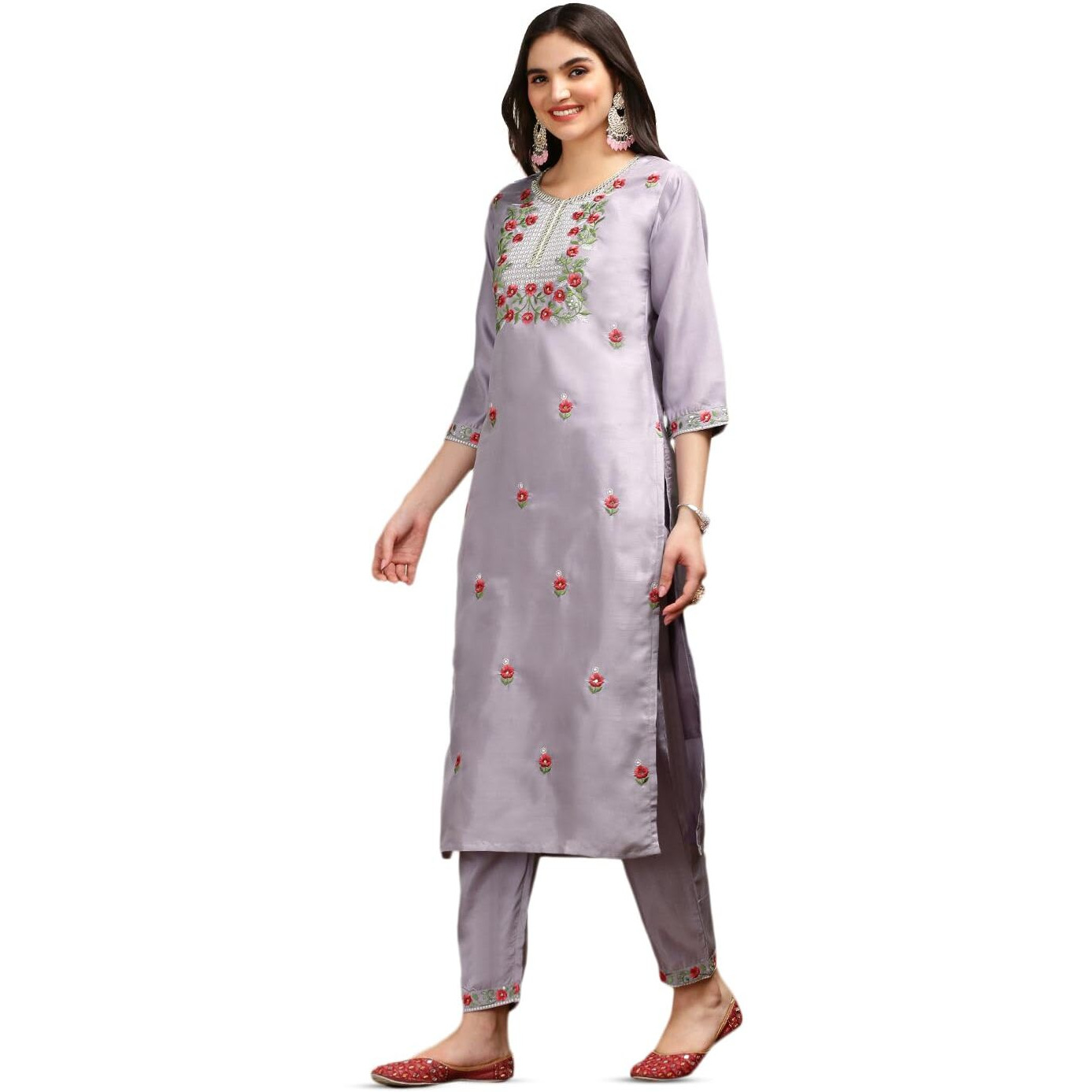 Ishin Floral Embroidered Thread Work Silk Chiffon Straight Kurta With Trousers & Dupatta | Kurta Set For Women | Kurta With Trousers And Dupatta