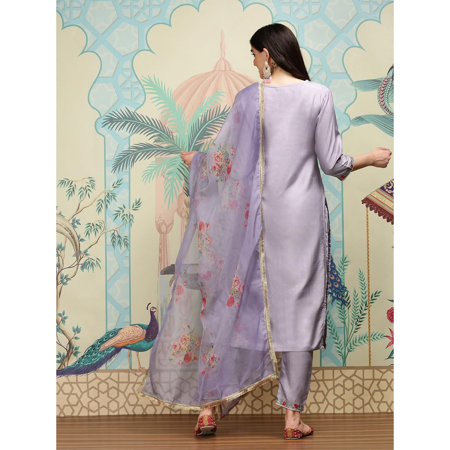 Ishin Floral Embroidered Thread Work Silk Chiffon Straight Kurta With Trousers & Dupatta | Kurta Set For Women | Kurta With Trousers And Dupatta