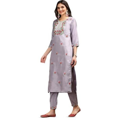 Ishin Floral Embroidered Thread Work Silk Chiffon Straight Kurta With Trousers & Dupatta | Kurta Set For Women | Kurta With Trousers And Dupatta