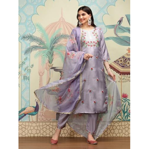 Ishin Floral Embroidered Thread Work Silk Chiffon Straight Kurta With Trousers & Dupatta | Kurta Set For Women | Kurta With Trousers And Dupatta
