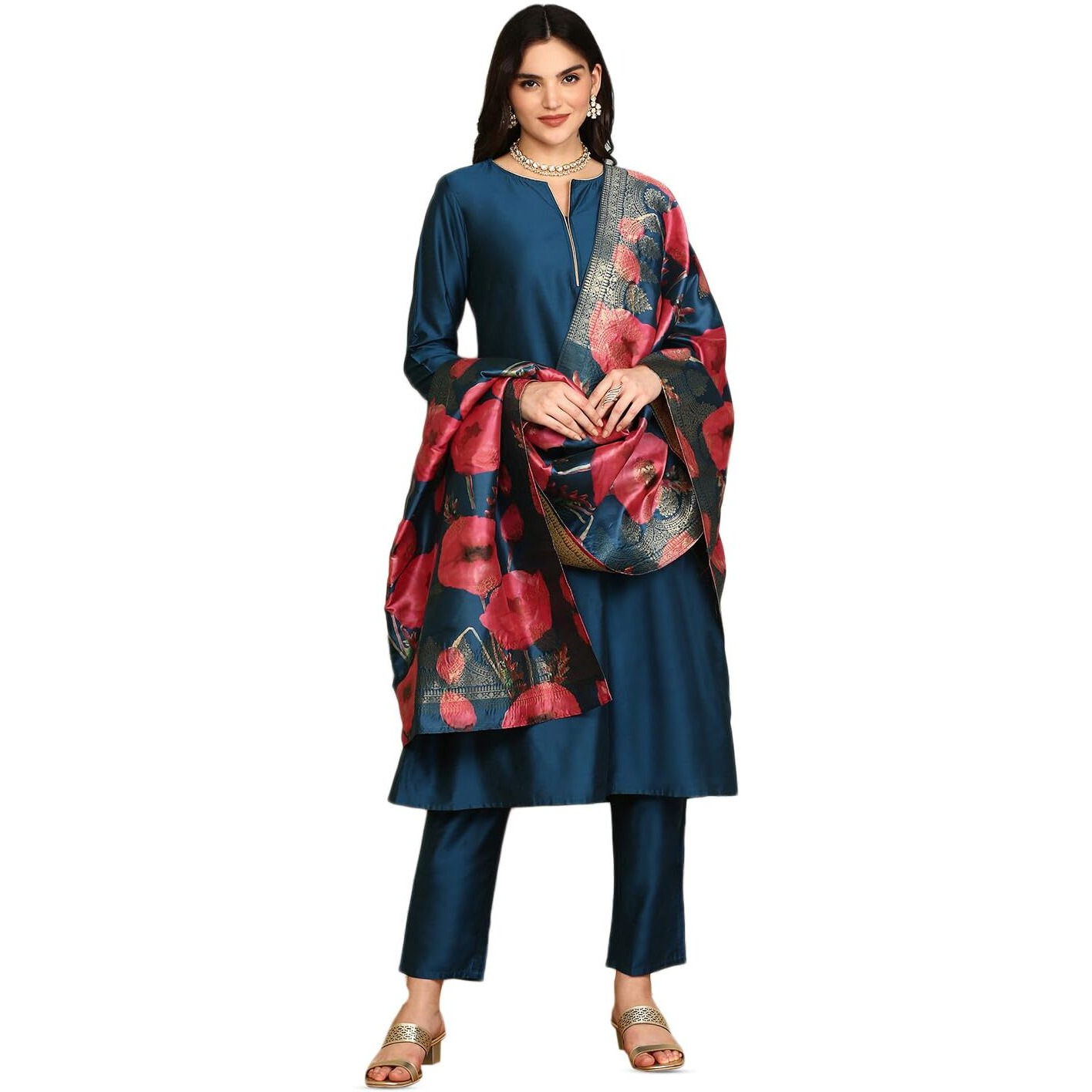 Ishin Navy Blue Notched Neck A-Line Kurta With Trousers & Dupatta | Kurta Set For Women | Kurta With Trousers And Dupatta