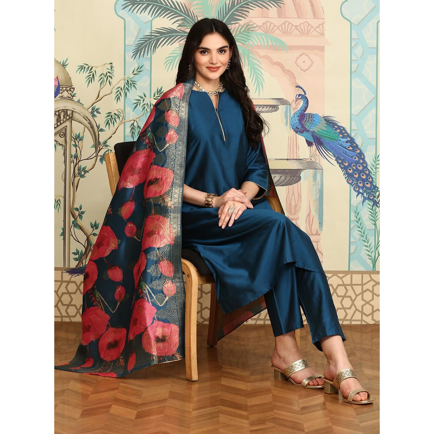 Ishin Navy Blue Notched Neck A-Line Kurta With Trousers & Dupatta | Kurta Set For Women | Kurta With Trousers And Dupatta
