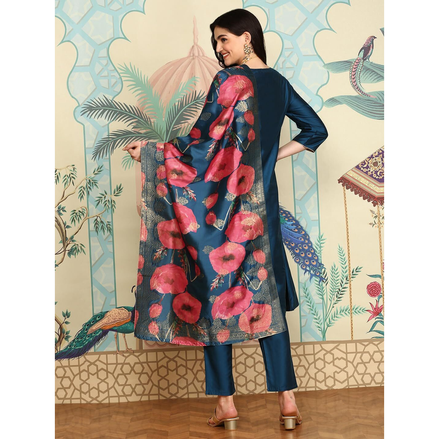 Ishin Navy Blue Notched Neck A-Line Kurta With Trousers & Dupatta | Kurta Set For Women | Kurta With Trousers And Dupatta