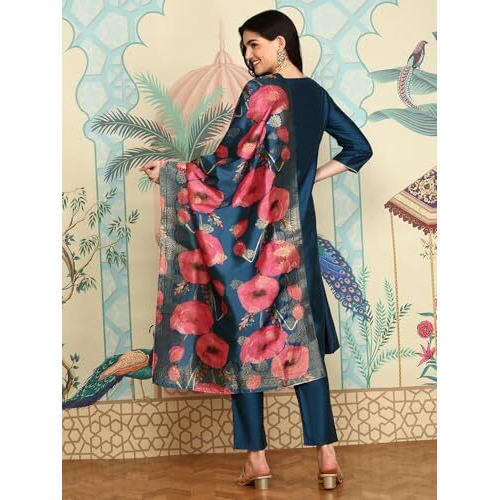 Ishin Navy Blue Notched Neck A-Line Kurta With Trousers & Dupatta | Kurta Set For Women | Kurta With Trousers And Dupatta