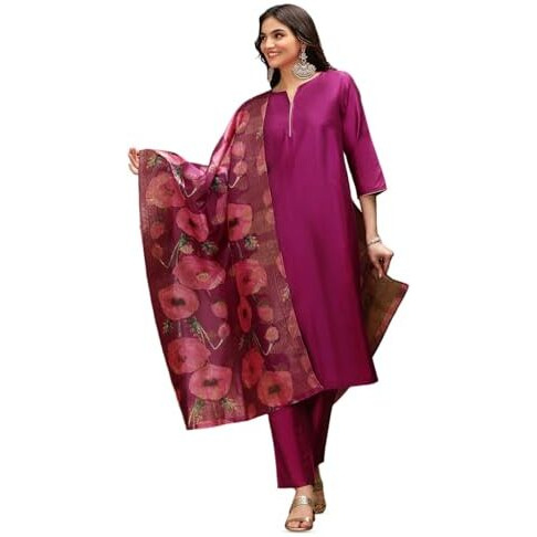 Ishin Notch Neck Silk Crepe Straight A-Line Kurta With Trousers & Dupatta | Kurta Set For Women | Kurta With Trousers And Dupatta