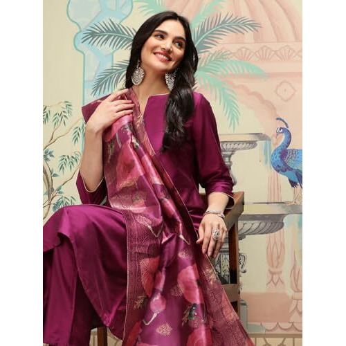 Ishin Notch Neck Silk Crepe Straight A-Line Kurta With Trousers & Dupatta | Kurta Set For Women | Kurta With Trousers And Dupatta