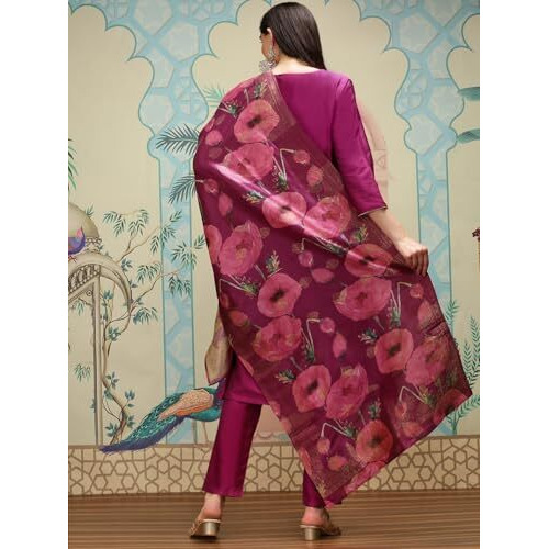 Ishin Notch Neck Silk Crepe Straight A-Line Kurta With Trousers & Dupatta | Kurta Set For Women | Kurta With Trousers And Dupatta