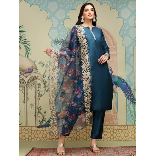 Ishin Notch Neck Thread Work Silk Crepe Straight Kurta With Trousers & Dupatta | Kurta Set For Women | Kurta With Trousers And Dupatta