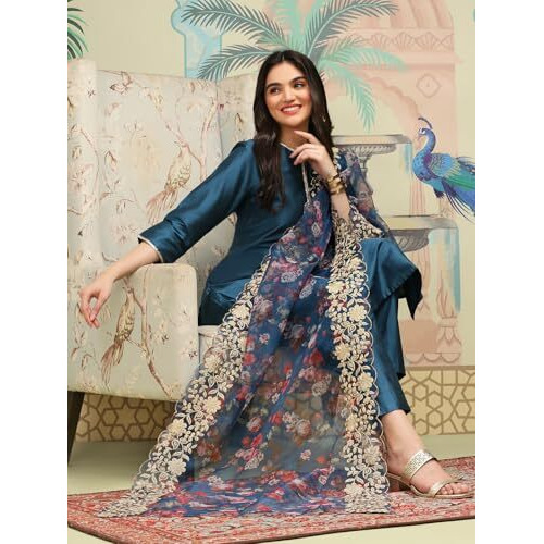 Ishin Notch Neck Thread Work Silk Crepe Straight Kurta With Trousers & Dupatta | Kurta Set For Women | Kurta With Trousers And Dupatta