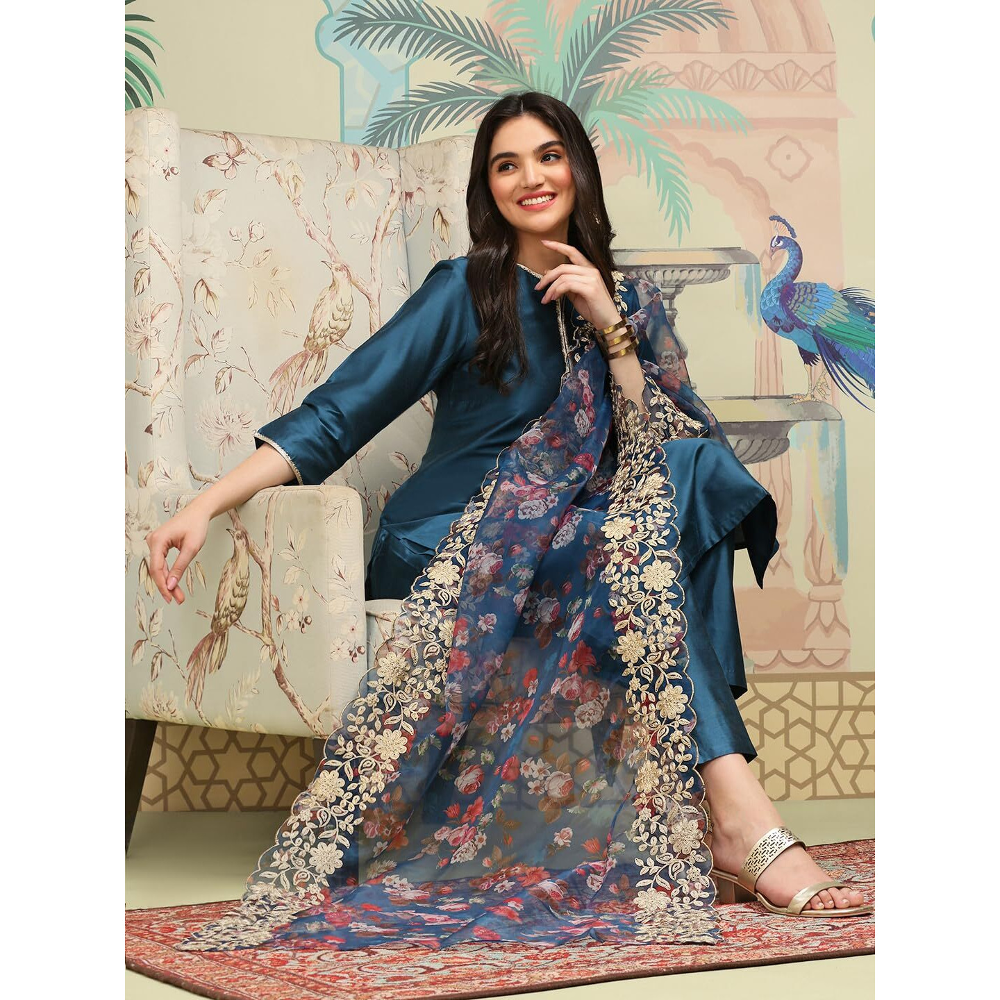 Ishin Notch Neck Thread Work Silk Crepe Straight Kurta With Trousers & Dupatta | Kurta Set For Women | Kurta With Trousers And Dupatta