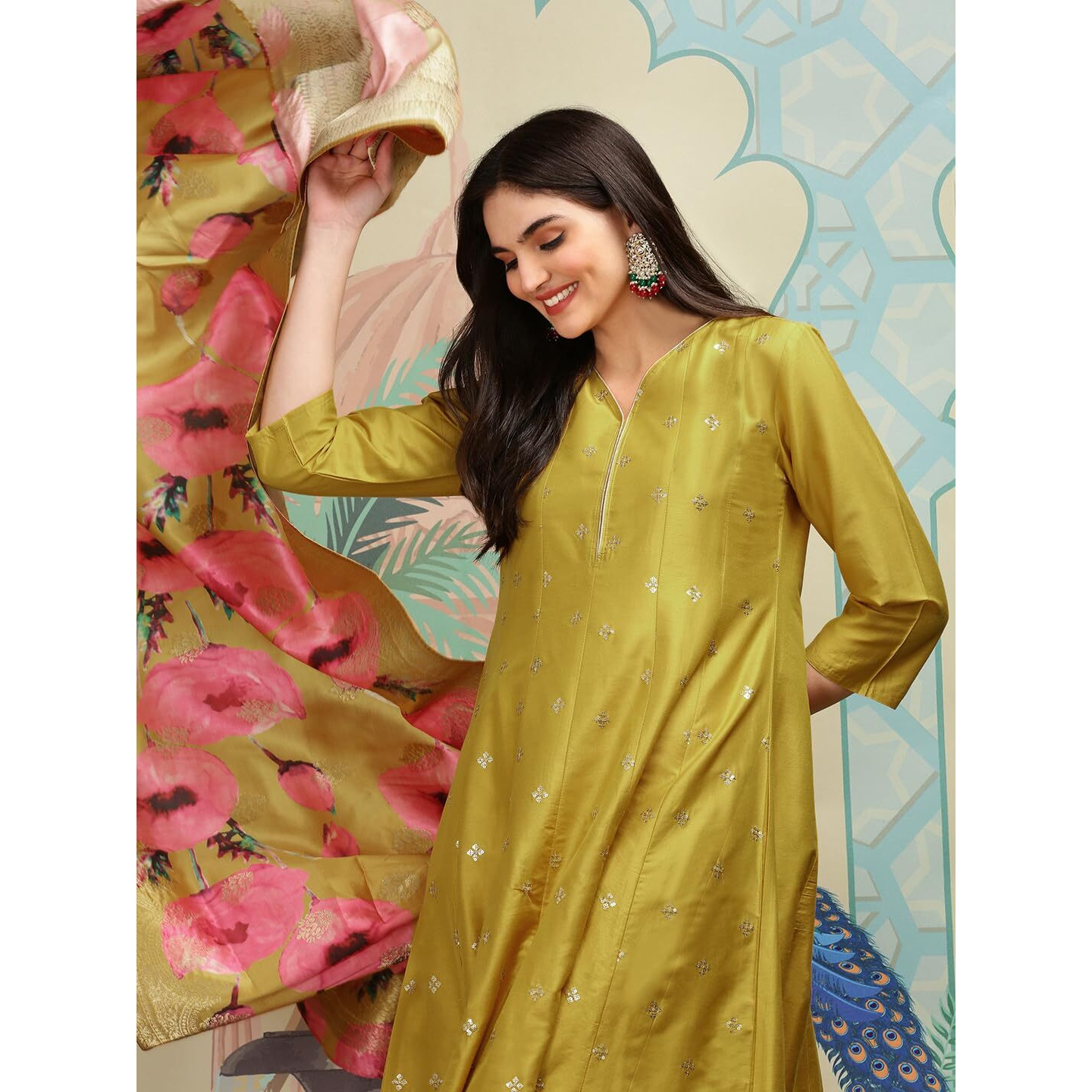 Ishin Mustard A-Line Kurta Set With Printed Floral Dupatta | Kurta Set For Women | Kurta With Trousers And Dupatta
