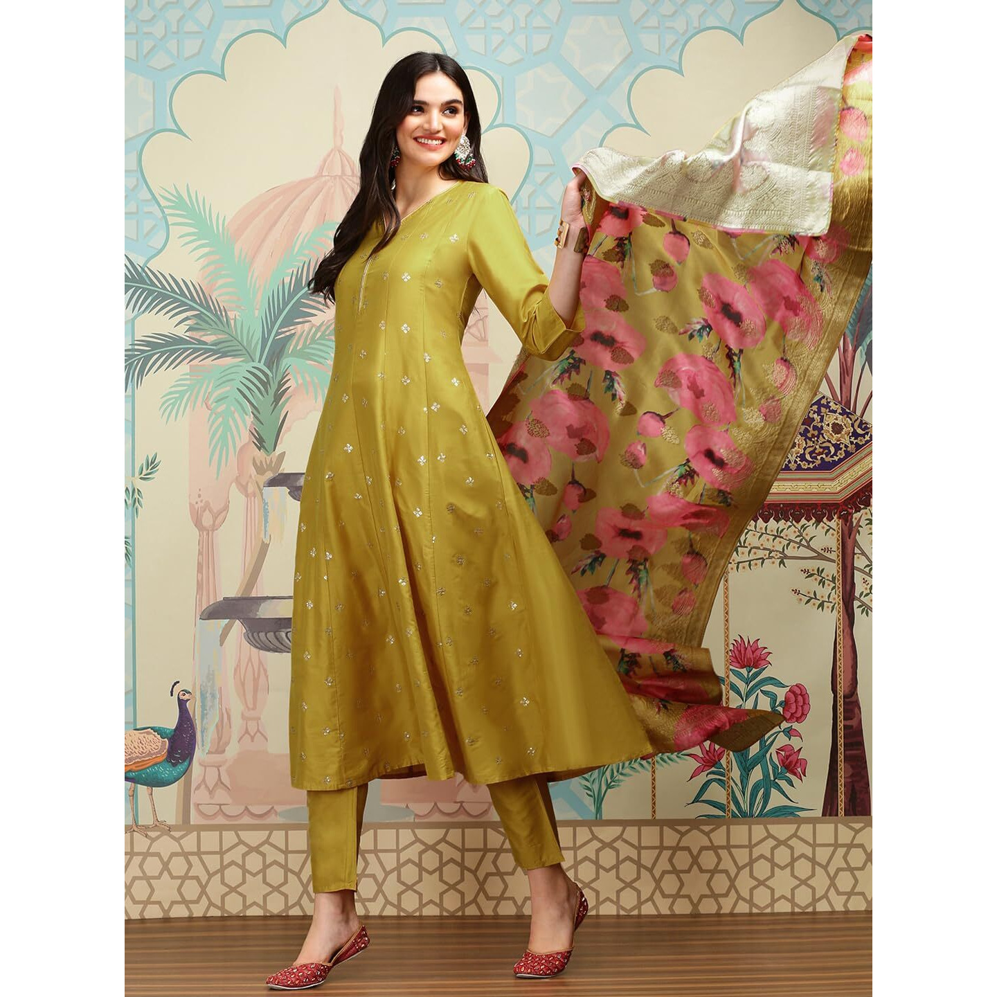 Ishin Mustard A-Line Kurta Set With Printed Floral Dupatta | Kurta Set For Women | Kurta With Trousers And Dupatta