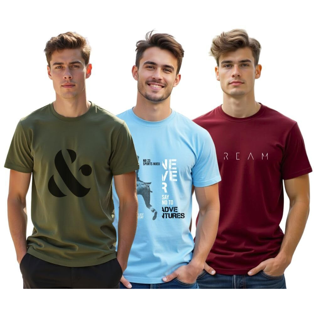 Nobero Cotton Men's Letter Print Regular Fit T-Shirt (1M-Twts-C0761-144X2_Olive Green/Powder Blue/Wine Red, Small