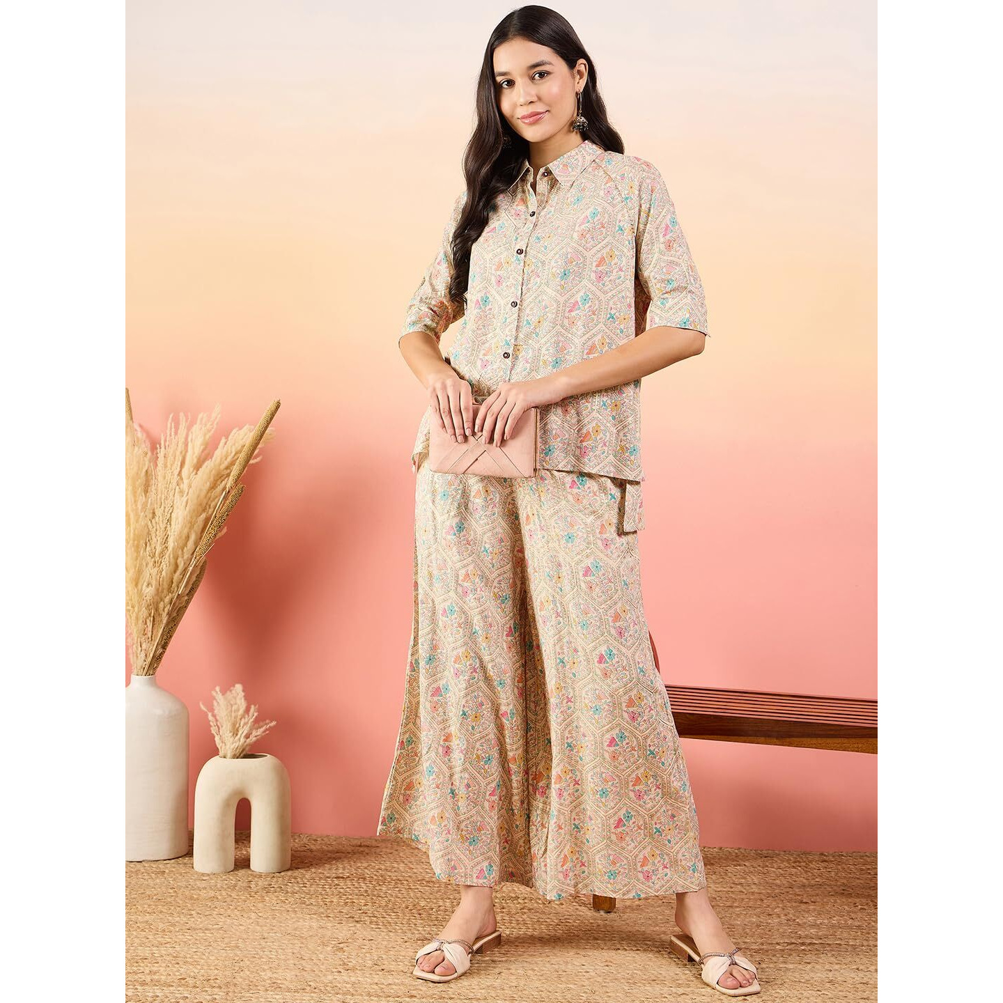 Modeve Women Shirt Palazzos Multicolor Ditsy Print Co-Ord Set_Small