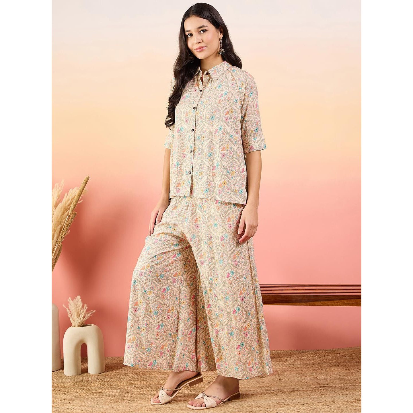 Modeve Women Shirt Palazzos Multicolor Ditsy Print Co-Ord Set_Small
