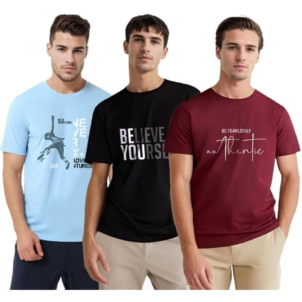 Nobero Cotton Men's Letter Print Regular Fit T-Shirt (1M-Twts-C0765-147X5_Powder Blue/Wine Red/Black, Xl