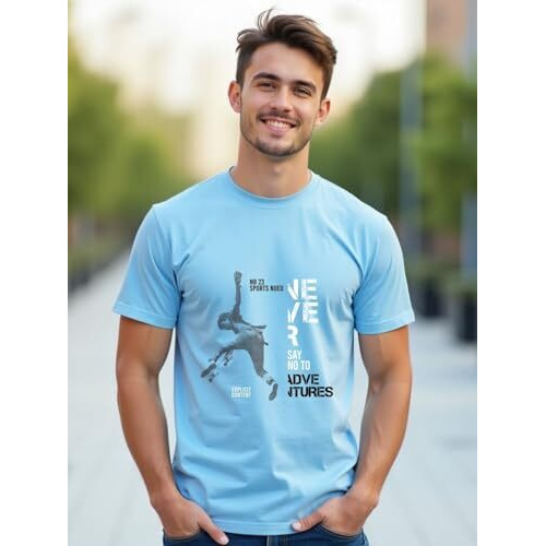 Nobero Cotton Men's Letter Print Regular Fit T-Shirt (1M-Twts-C0765-147X5_Powder Blue/Wine Red/Black, Xl