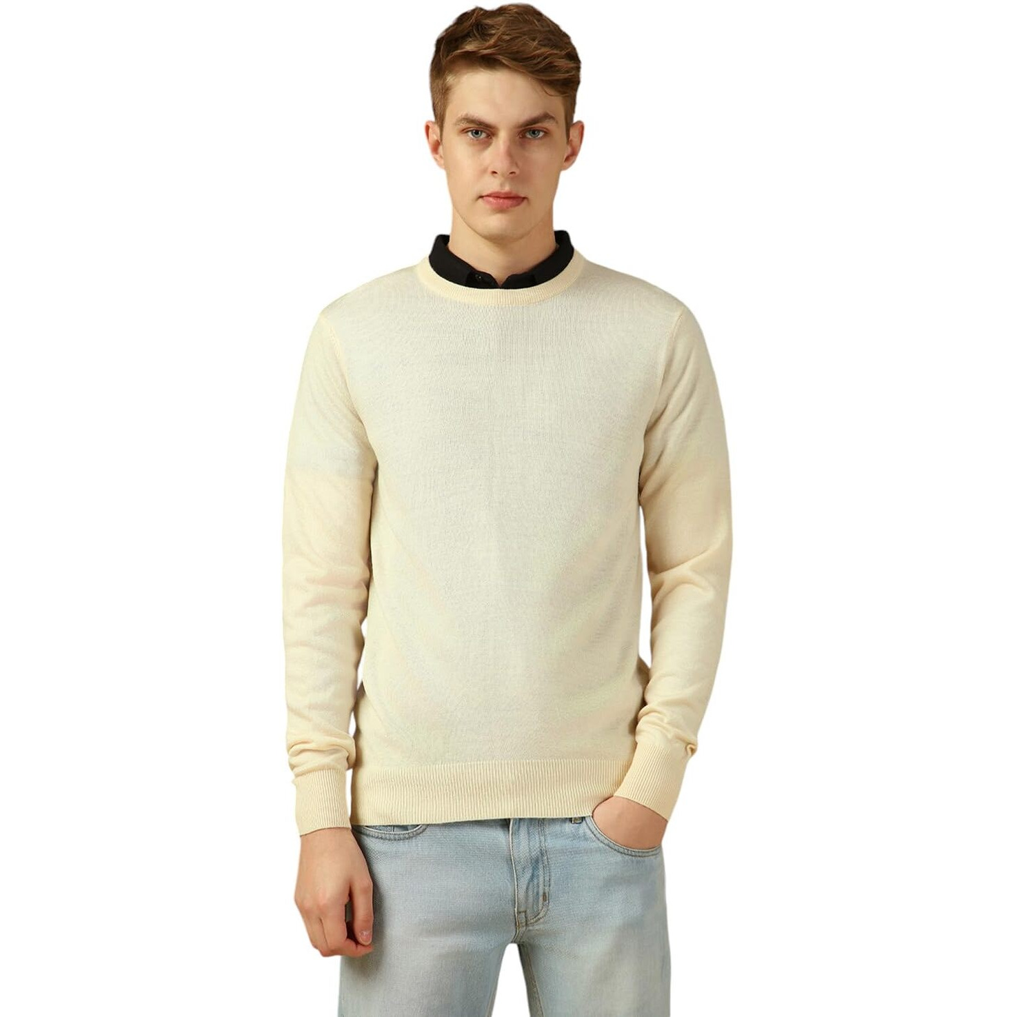 Dennis Lingo Men Off White Solid Slim Fit Full Sleeve Crew Pullover Sweater