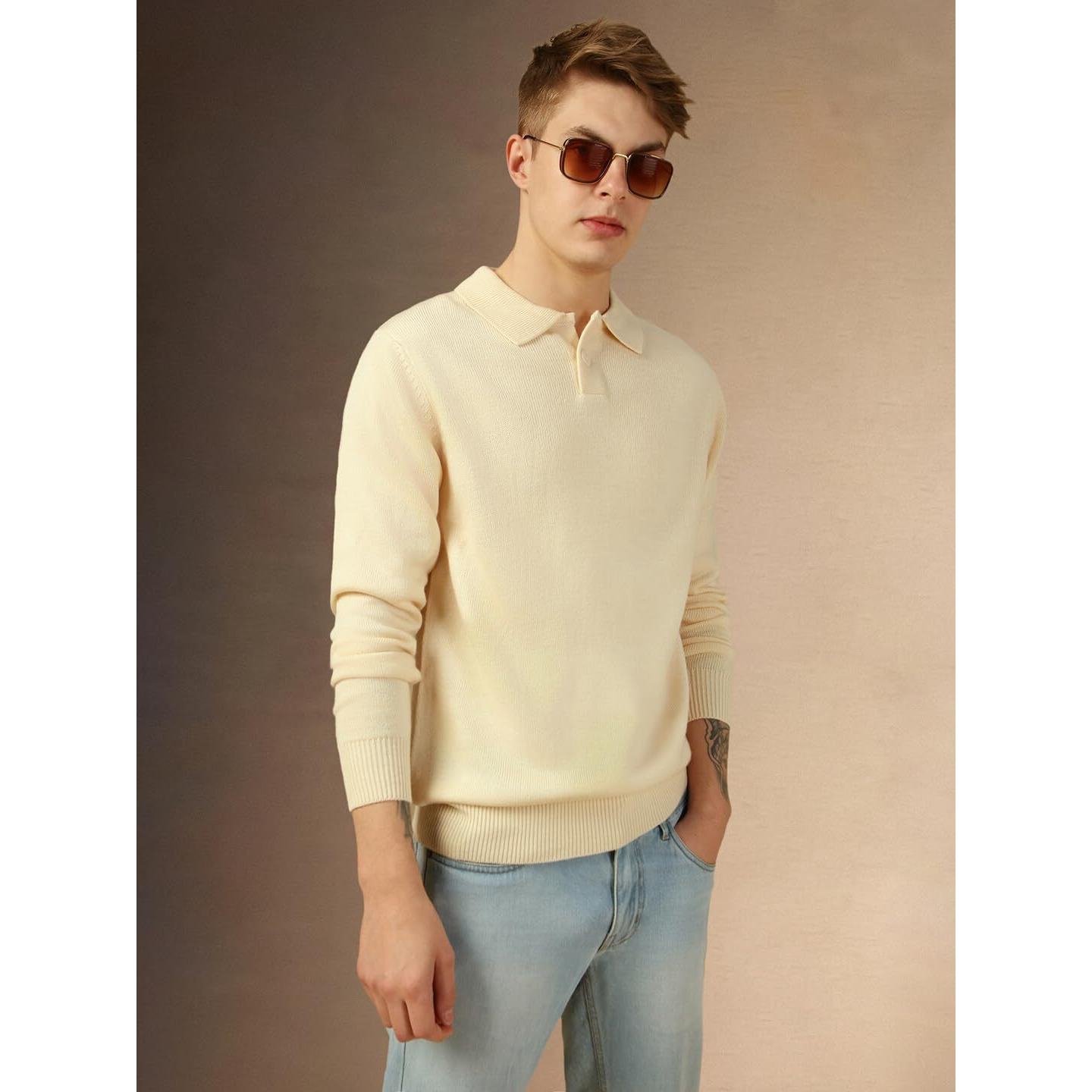 Dennis Lingo Men Off White Solid Slim Fit Full Sleeve Polo Pullover