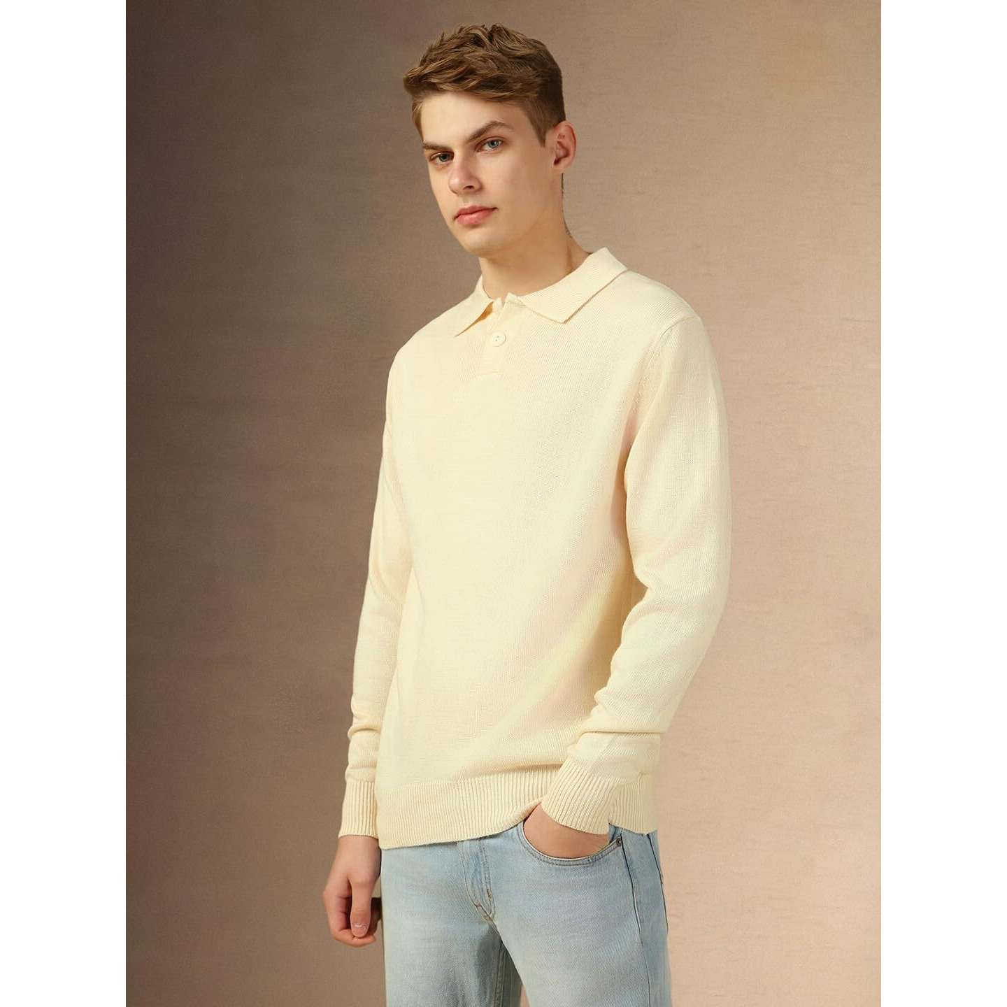 Dennis Lingo Men Off White Solid Slim Fit Full Sleeve Polo Pullover