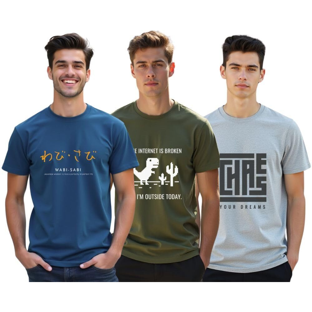 Nobero Cotton Men's Letter Print Regular Fit T-Shirt (1M-Twts-C0771-152X5_Marine/Olive Green/Grey Melange, Xl