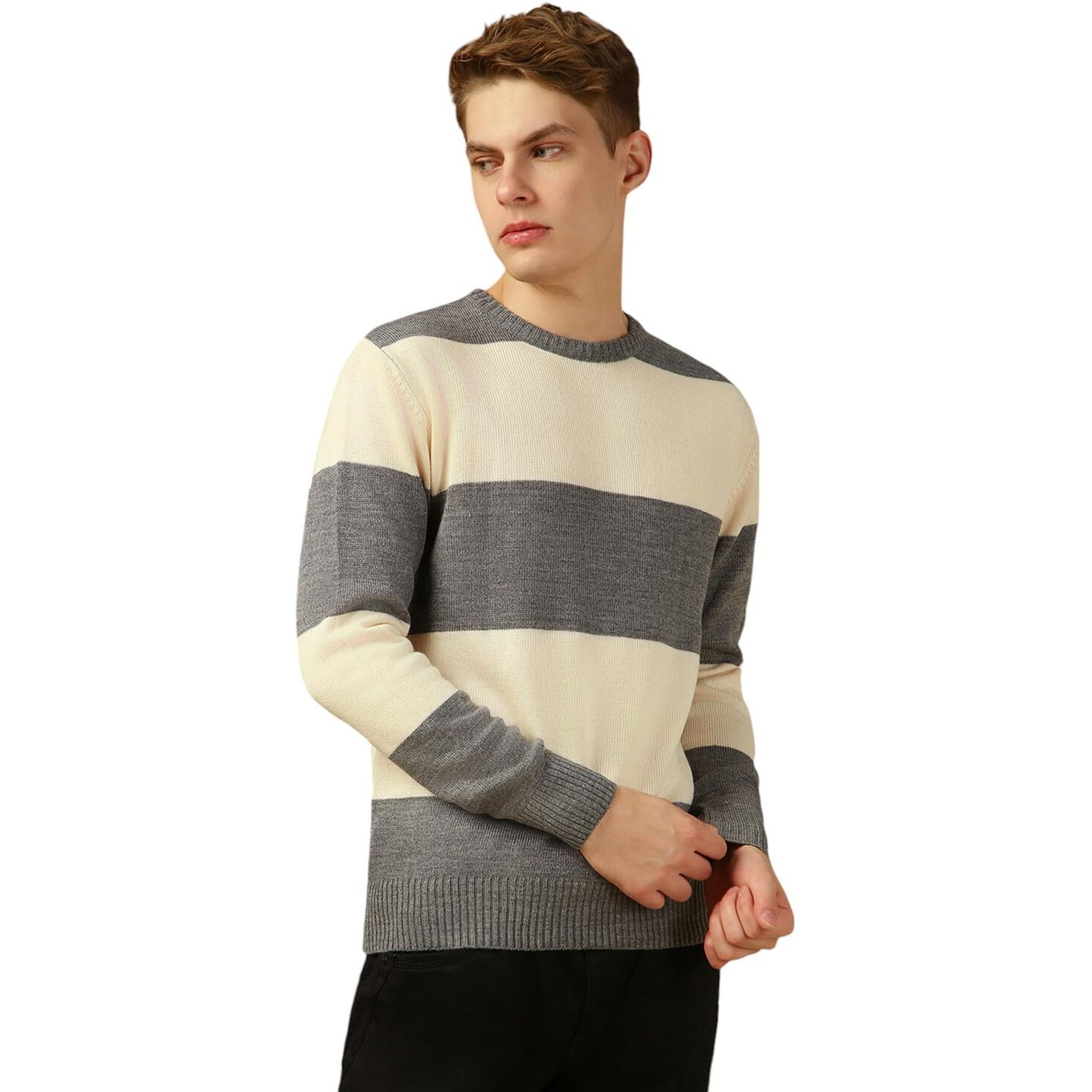 Dennis Lingo Men Grey Striped Slim Fit Full Sleeve Crew Pullover Sweater