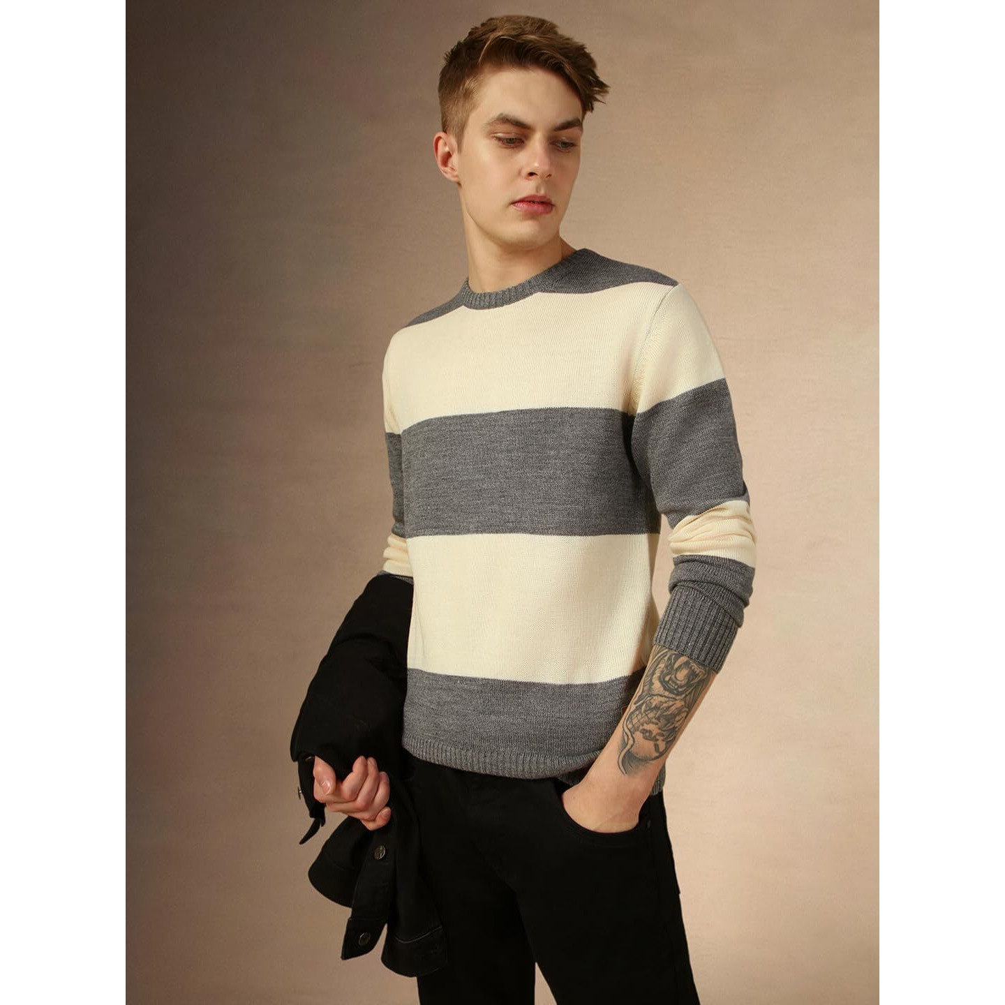 Dennis Lingo Men Grey Striped Slim Fit Full Sleeve Crew Pullover Sweater