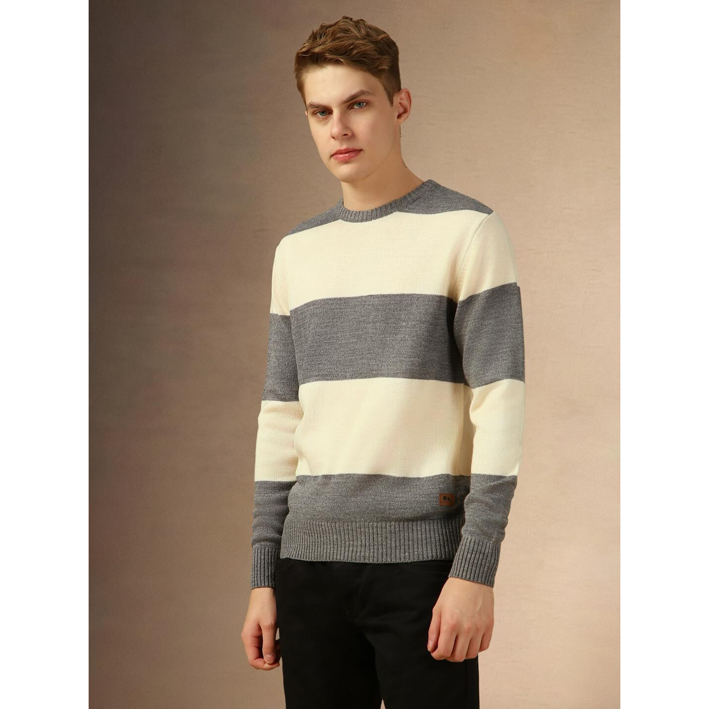 Dennis Lingo Men Grey Striped Slim Fit Full Sleeve Crew Pullover Sweater