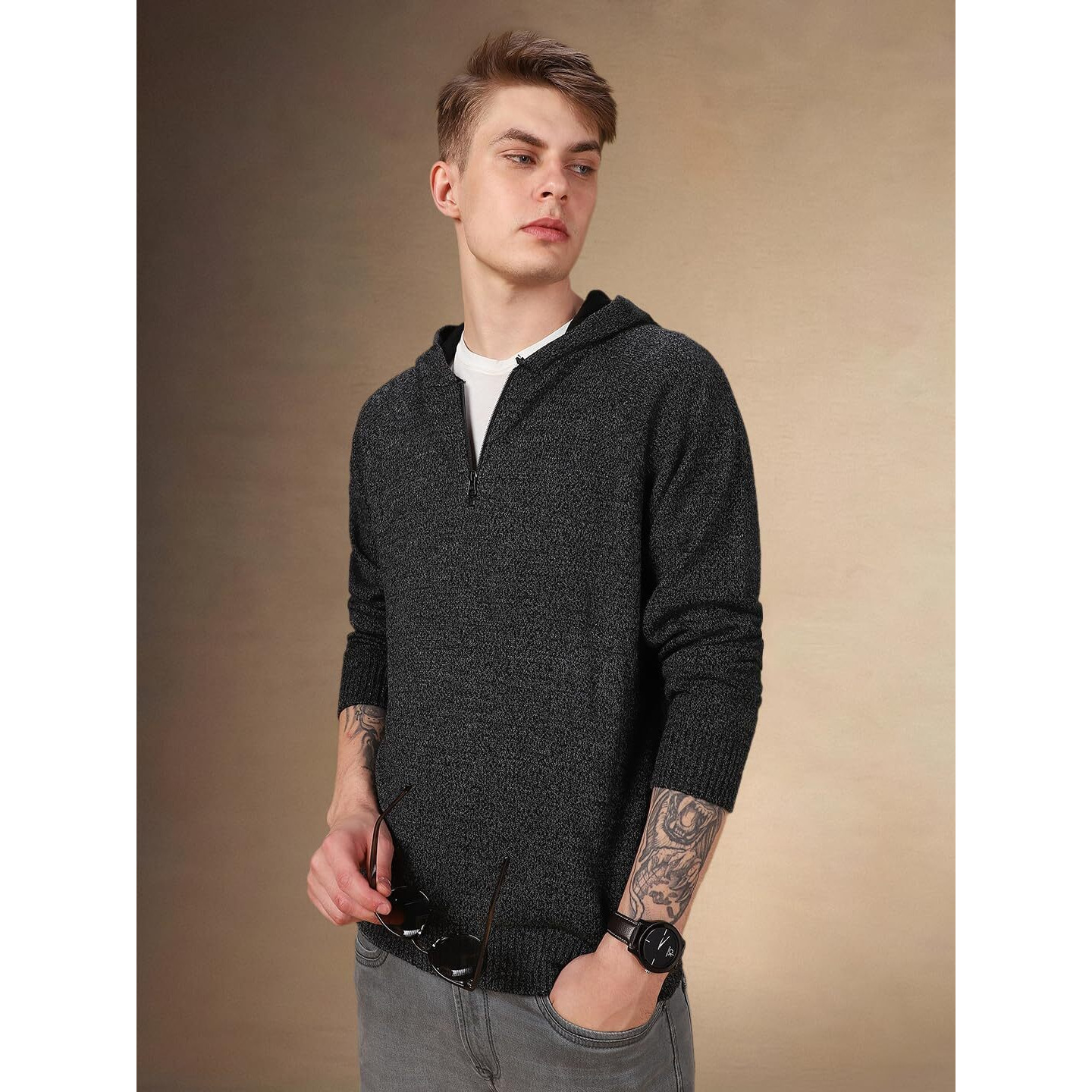 Dennis Lingo Men Solid Acrylic Regular-Fit Full-Sleeves Sweater Grey Melange