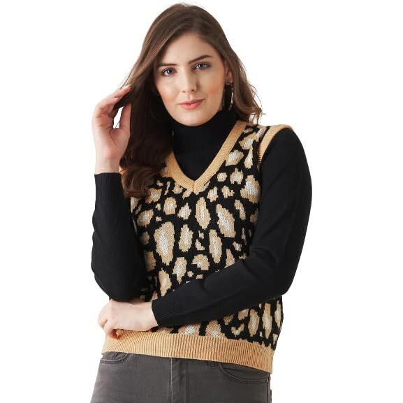 Modeve Animal Print V Neck Casual Women Sweater, Mustard, M||Winterwear||