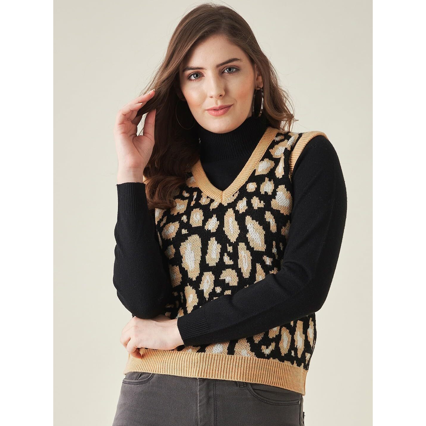 Modeve Animal Print V Neck Casual Women Sweater, Mustard, Xl||Winterwear||
