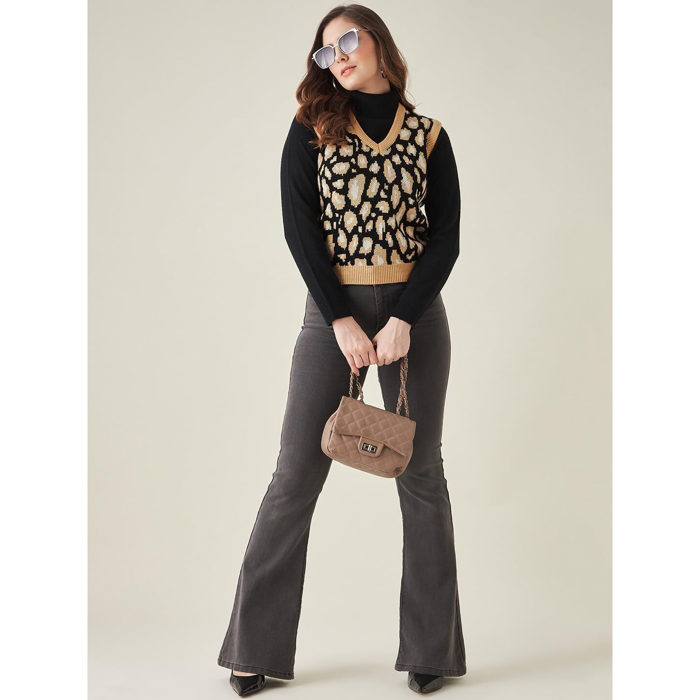 Modeve Animal Print V Neck Casual Women Sweater, Mustard, Xl||Winterwear||