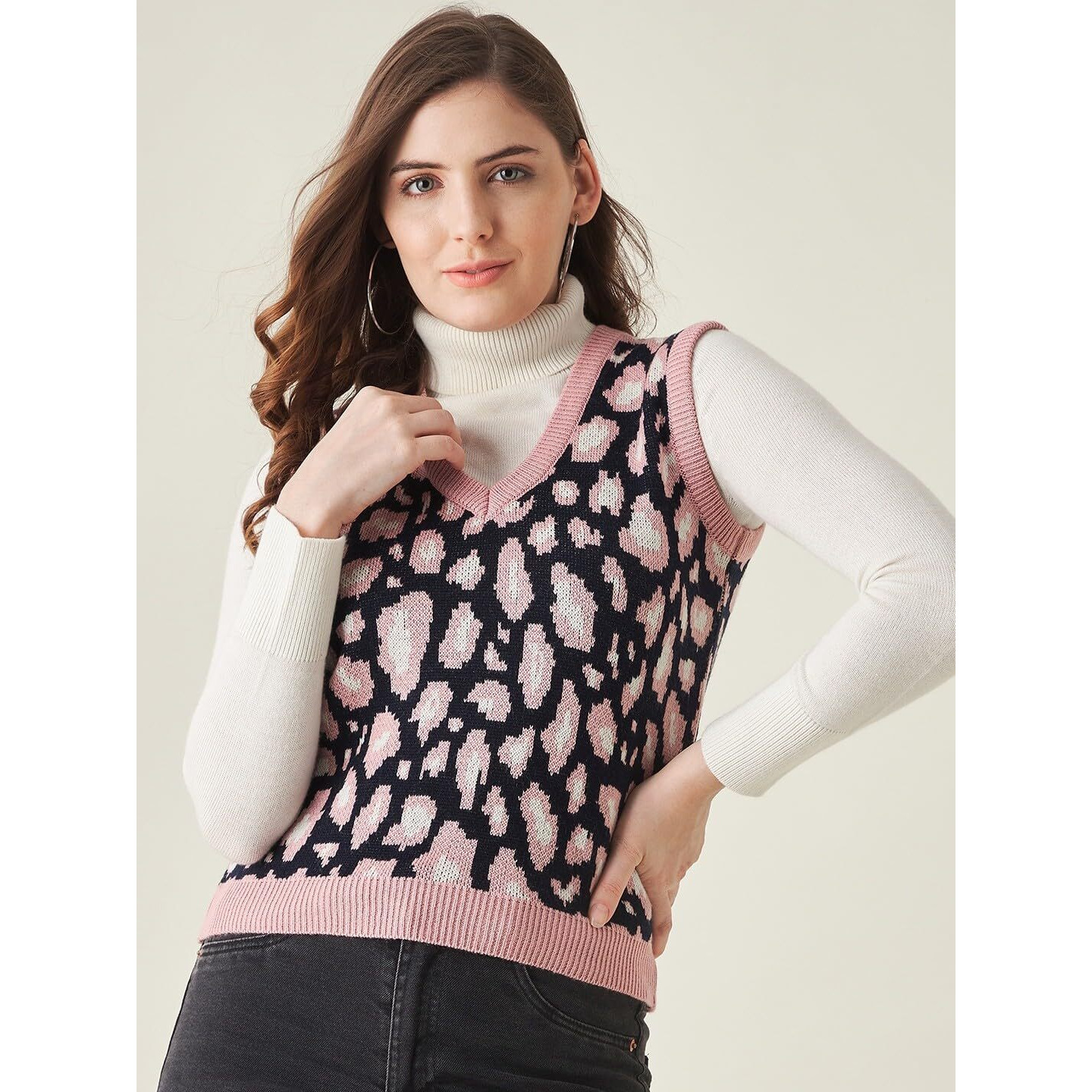 Modeve Animal Print V Neck Casual Women Sweater, Pink, M||Winterwear||