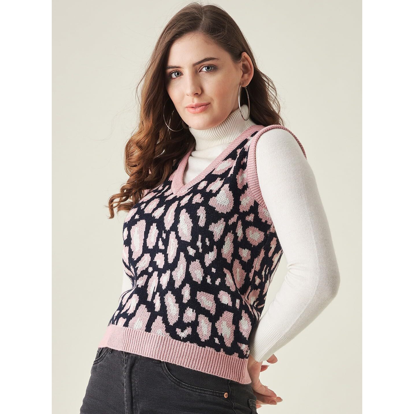 Modeve Animal Print V Neck Casual Women Sweater, Pink, M||Winterwear||