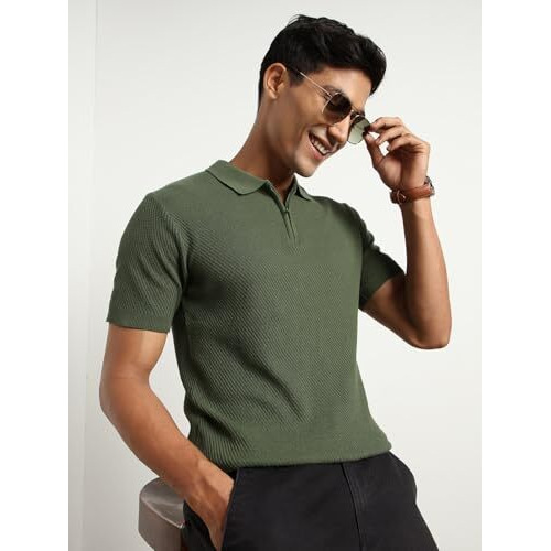 Nobero Men's Self Design Regular Fit Polo Shirt (1M-Twpo-R0014_Olive Green