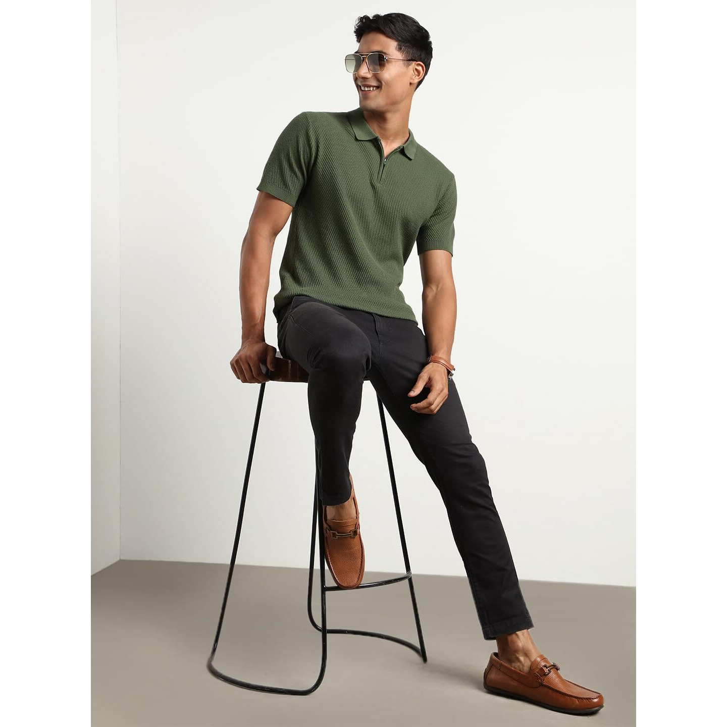 Nobero Men's Self Design Regular Fit Polo Shirt (1M-Twpo-R0014_Olive Green