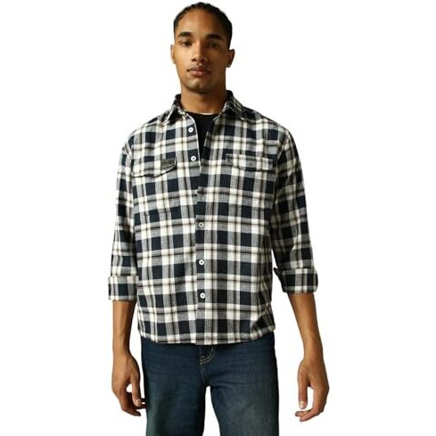 Hubberholme Men Check Cotton Oversized Fit Collar Long Sleeve Shirts 15 Navy