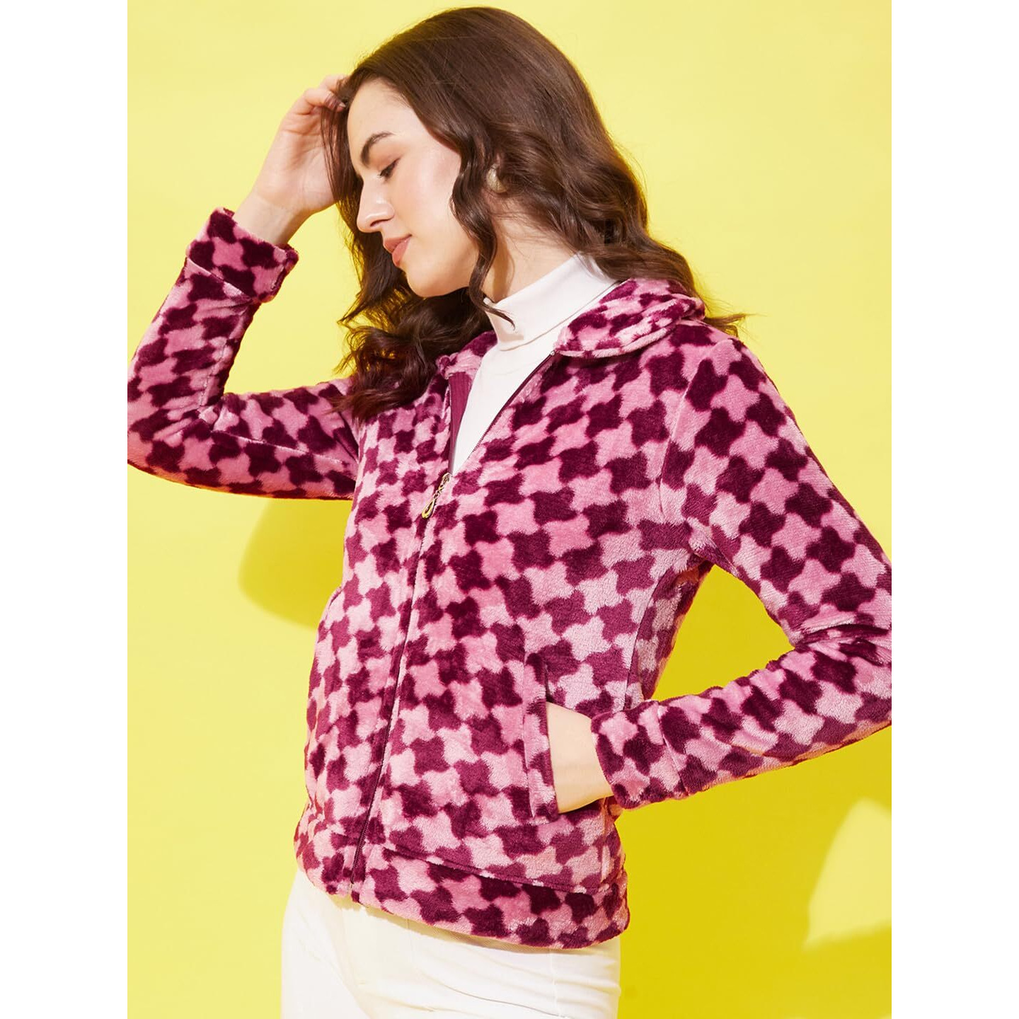 Modeve Full Sleeve Self Design Women Jacket-Wine